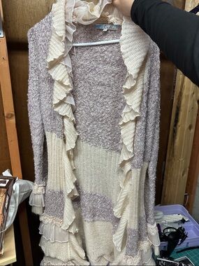 Cecico Cream and Light Lavender Ruffle Open Cardigan